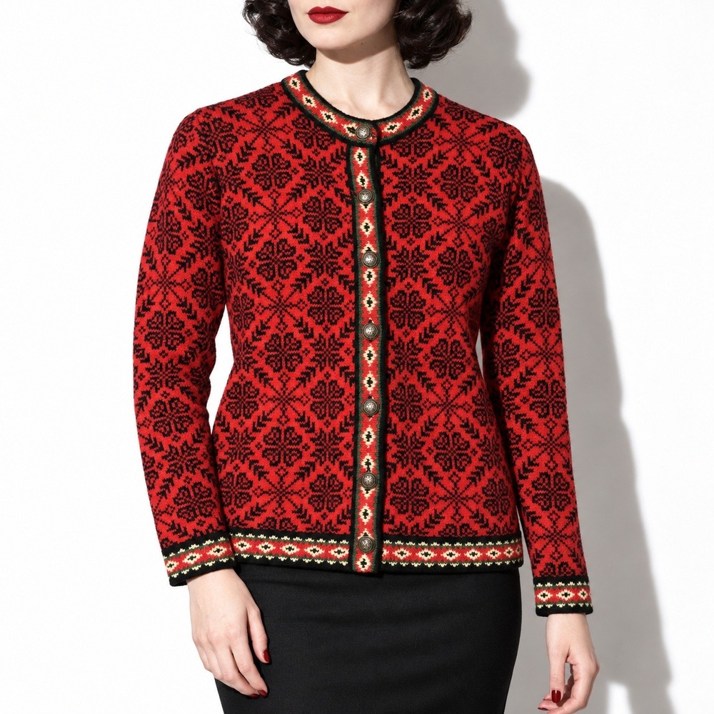 90s Vintage LL Bean Nordic Fair Isle Wool Cardigan Sweater Womens S Red Black
